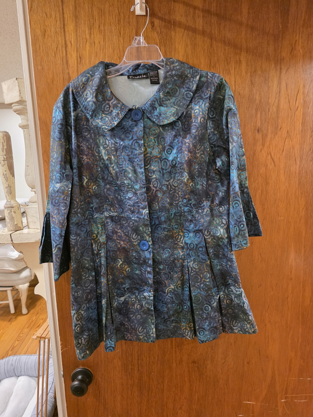 Frazzle Teal-Blue Patterned Pleated Blazer Jacket
